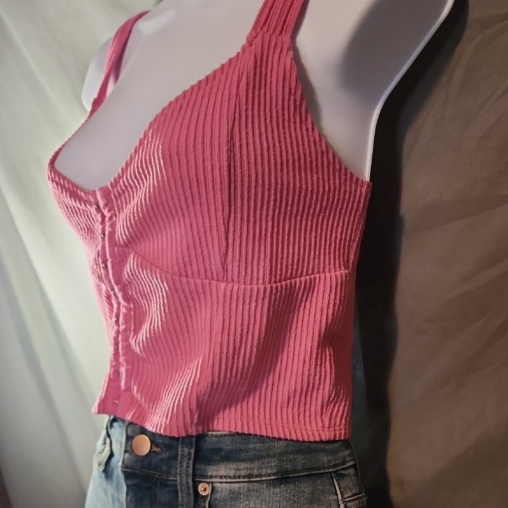 Pink Ribbed Ruched Sleeveless Crop Tank Top - Picture 3 of 8